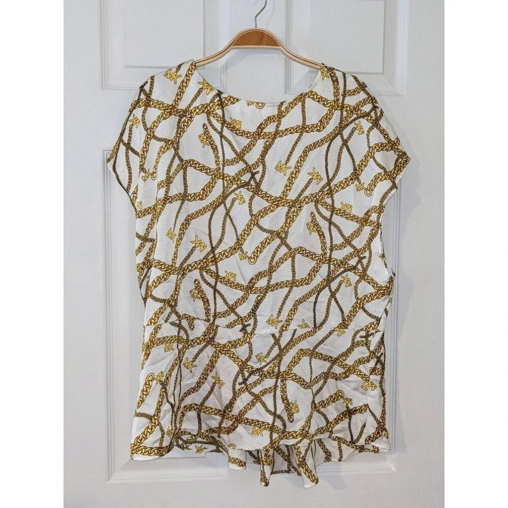 Michael Kors Chain Print Top Blouse Keyhole Neck Short Sleeve‎ White 1X